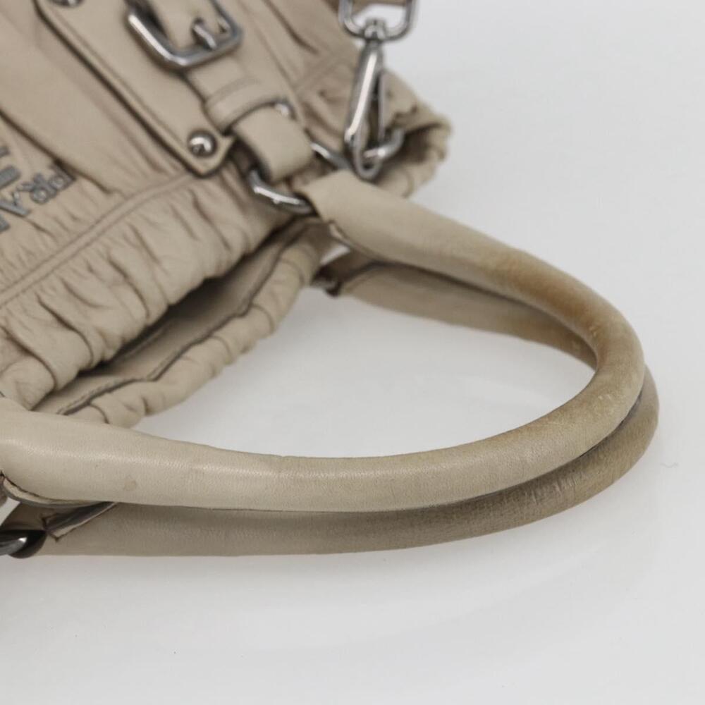 PRADA Gathered Hand Bag Leather 2way Beige Silver Auth yk19545 - Picture 7 of 16